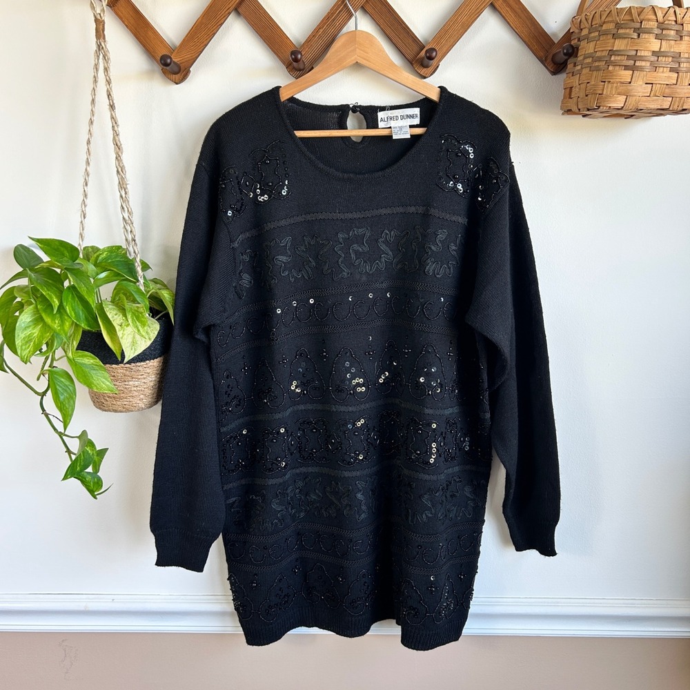 Alfred Dunner Vintage Black Embellished Soutache Beaded Sequin Sweater Holiday